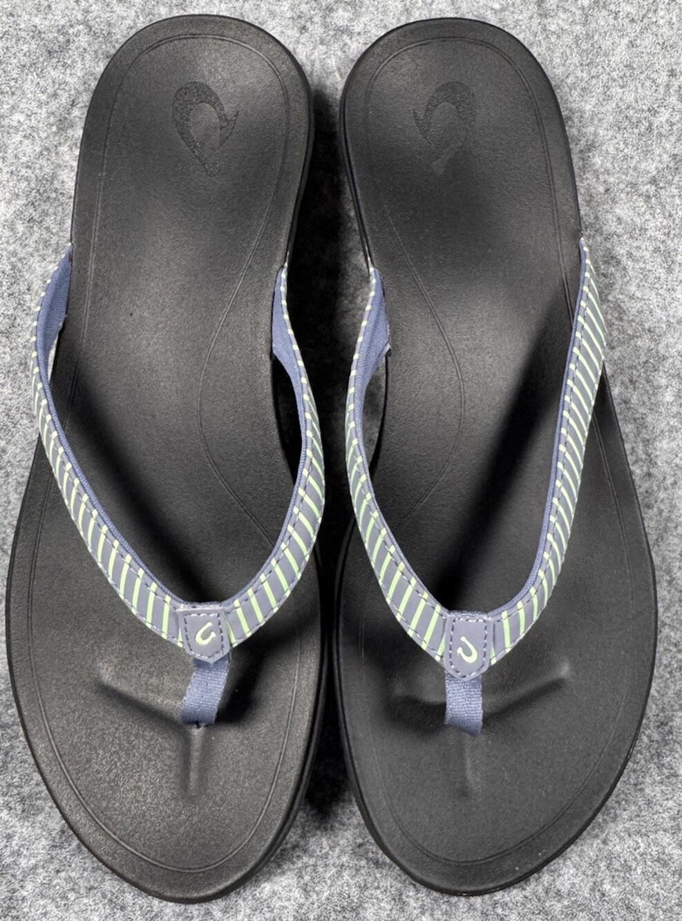 Olukai Ho'Opio Flip Flop Sandals Black Blue/Teal Stripe Women's Sz 10
